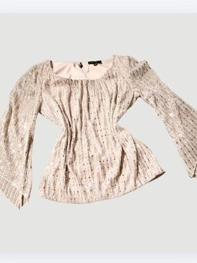 Sara Michelle Champagne “Sequin” Blouse, Bell Sleeves, Lined, Size L